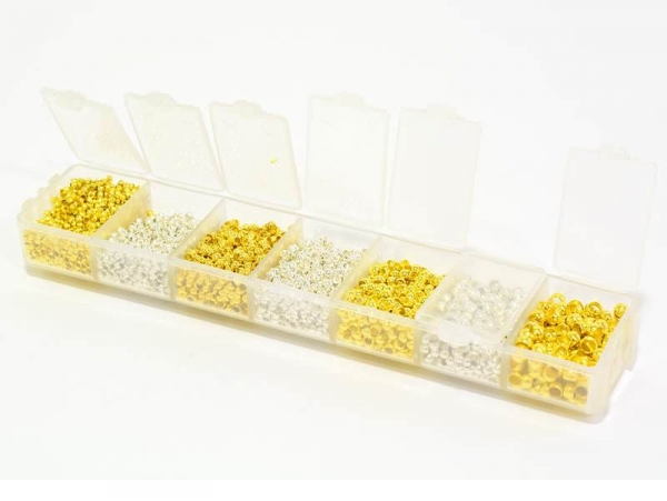 Box with crimp beads in 4 sizes - silver and gold Box with crimp beads in 4 sizes - silver and gold