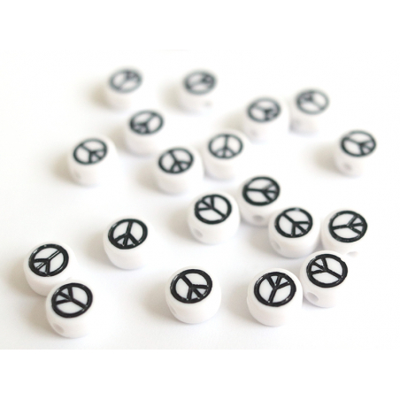 Acheter 20 perles rondes en plastique - peace and love - noir et blanc - 0,99 € en ligne sur La Petite Epicerie - Loisirs cré...