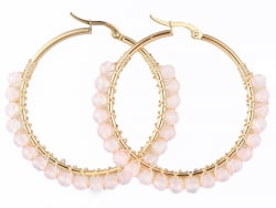 Acheter Paire de boucles d'oreilles créoles avec petites perles en quartz rose naturel - acier inoxydable doré - 50 mm - 13,9...