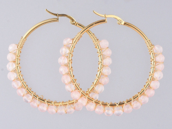 Acheter Paire de boucles d'oreilles créoles avec petites perles en quartz rose naturel - acier inoxydable doré - 50 mm - 13,9...