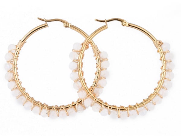 Acheter Paire de boucles d'oreilles créoles avec petites perles en pierre de lune - acier inoxydable doré - 50 mm - 13,99 € e...