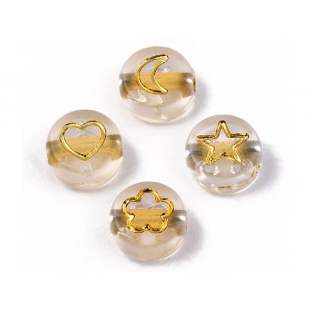 Acheter 20 perles rondes en plastique - mix fleurs, étoiles et cœur - transparent et doré - 7 mm - 0,99 € en ligne sur La Pet...