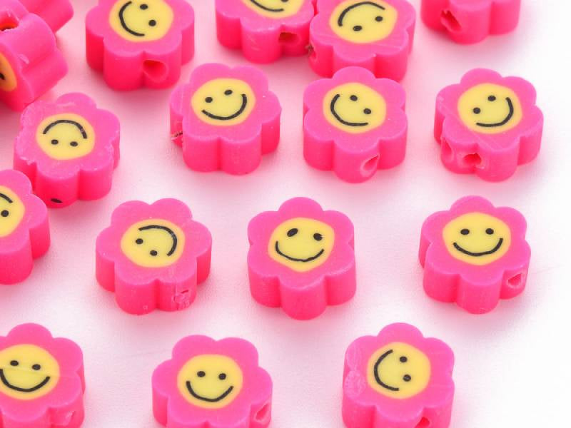 achat Lot de 20 perles en pâte polymère - fleur émoticône - Rose foncé