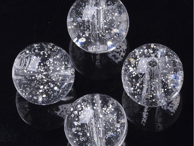 achat Lot de 50 perles rondes en acrylique transparentes - Pailleté argenté