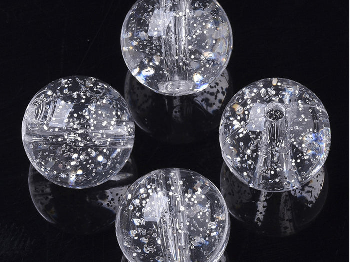 Achat Lot de 50 perles rondes en acrylique transparentes - Pailleté argenté