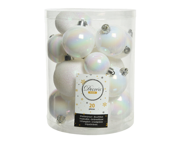 Achat Lot de 20 Boules de Noël incassables - blanc nacré et paillettes