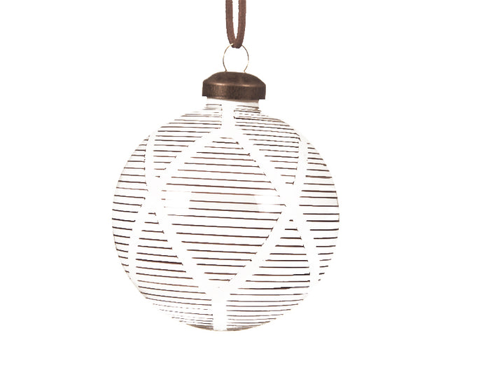Achat Boule de Noël en verre - Blanc motifs losanges - 8 cm