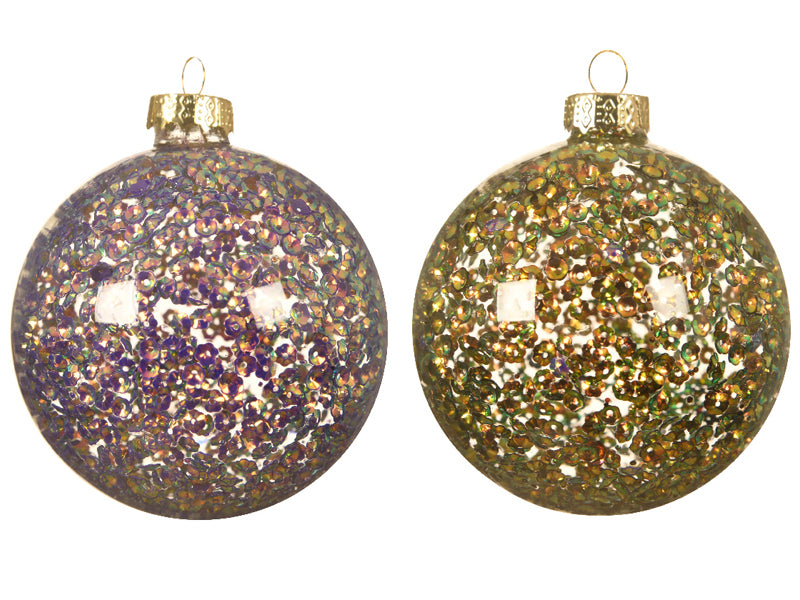 Achat Boule de Noël en verre - Sequins reflets or et verts - 8 cm