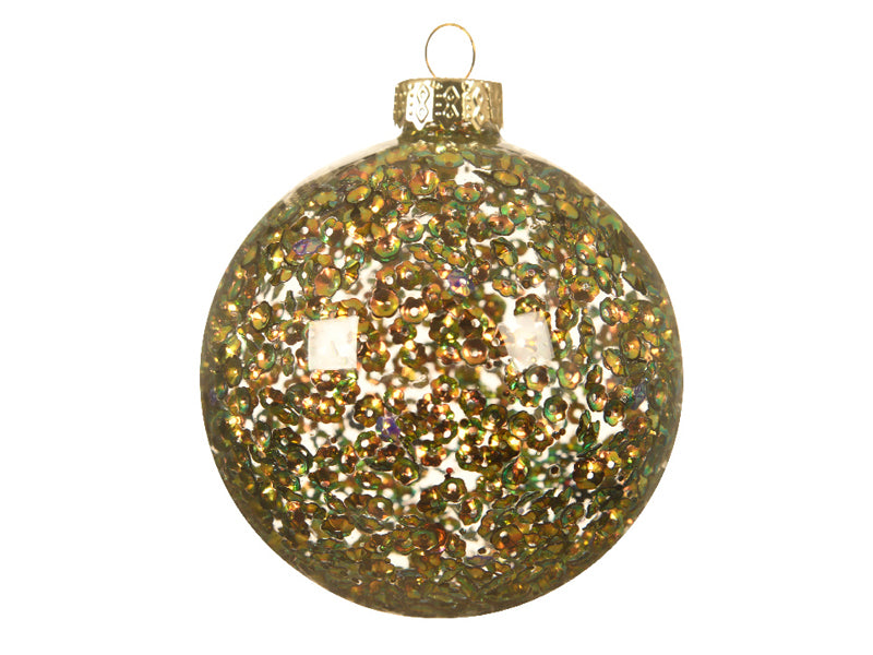 Achat Boule de Noël en verre - Sequins reflets or et verts - 8 cm