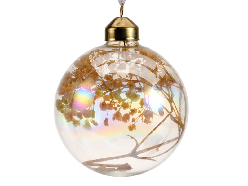 Achat Boule de Noël en verre nacré avec fleurs séchées - Beige
