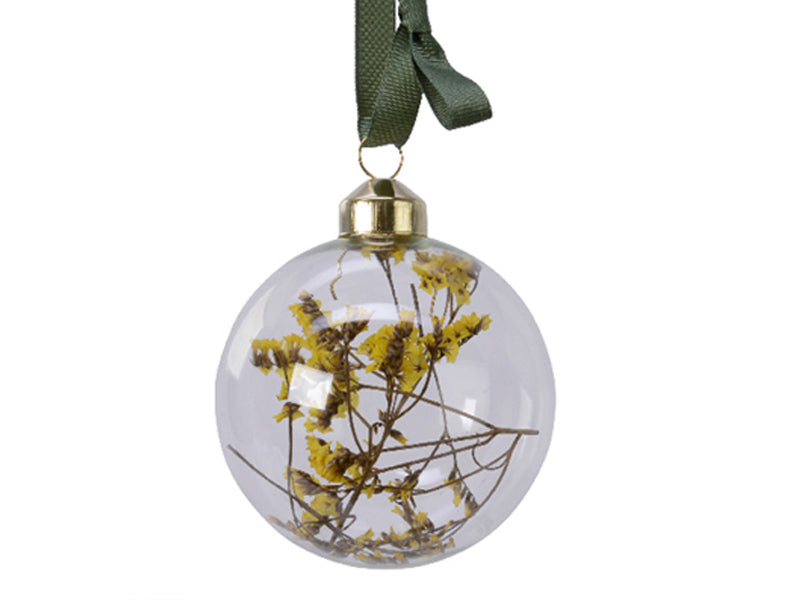 Achat Boule de Noël verre transparent avec fleurs séchées - Jaune