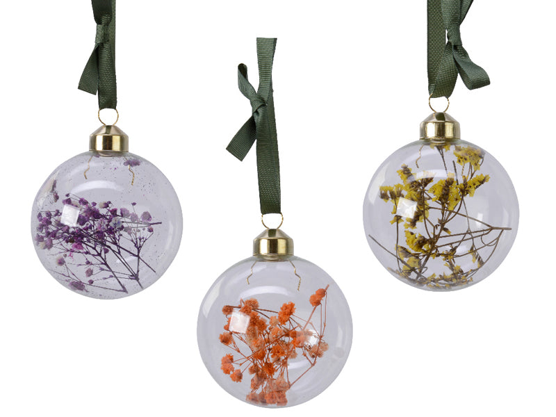 Achat Boule de Noël verre transparent avec fleurs séchées - Orange