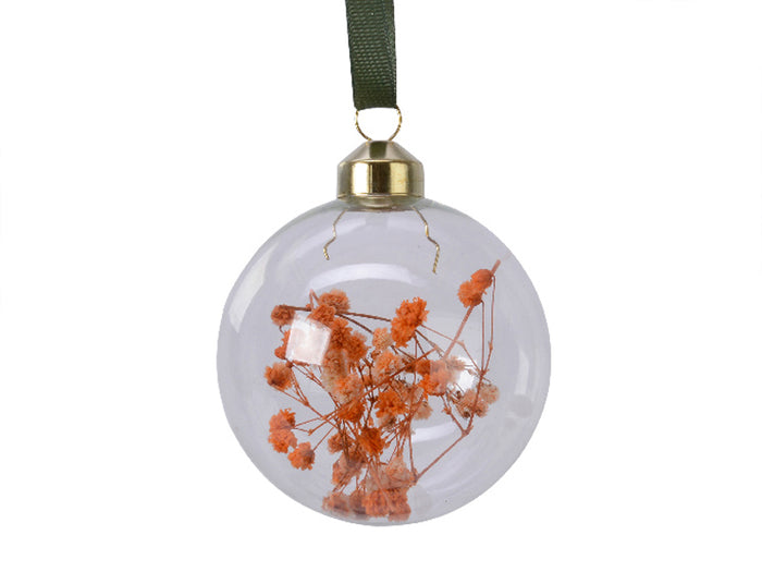 Achat Boule de Noël verre transparent avec fleurs séchées - Orange