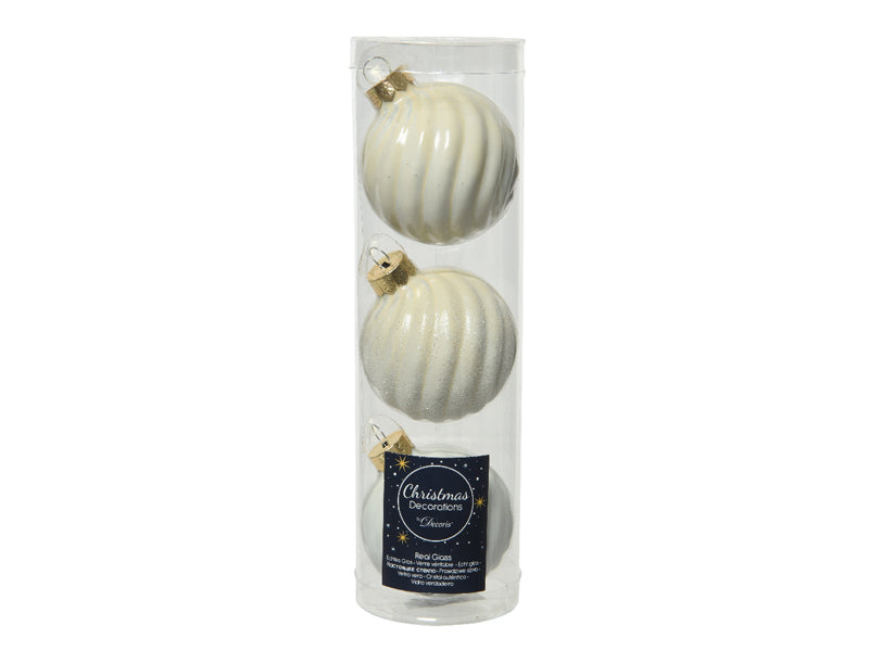 achat Lot de 3 boules de Noël en verre rainuré - Beige 6 cm