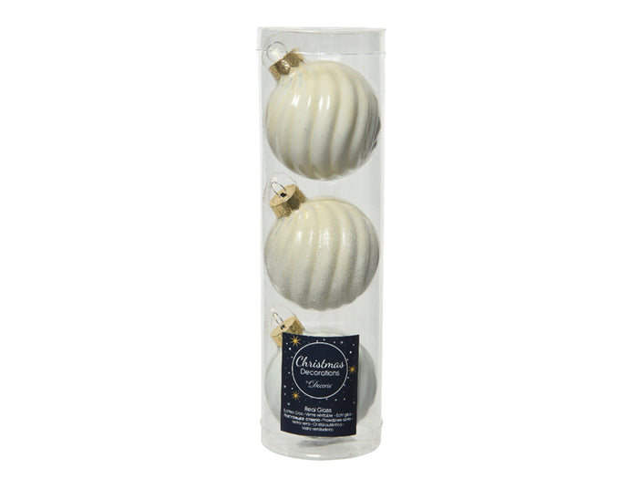 Achat Lot de 3 boules de Noël en verre rainuré - Beige 6 cm