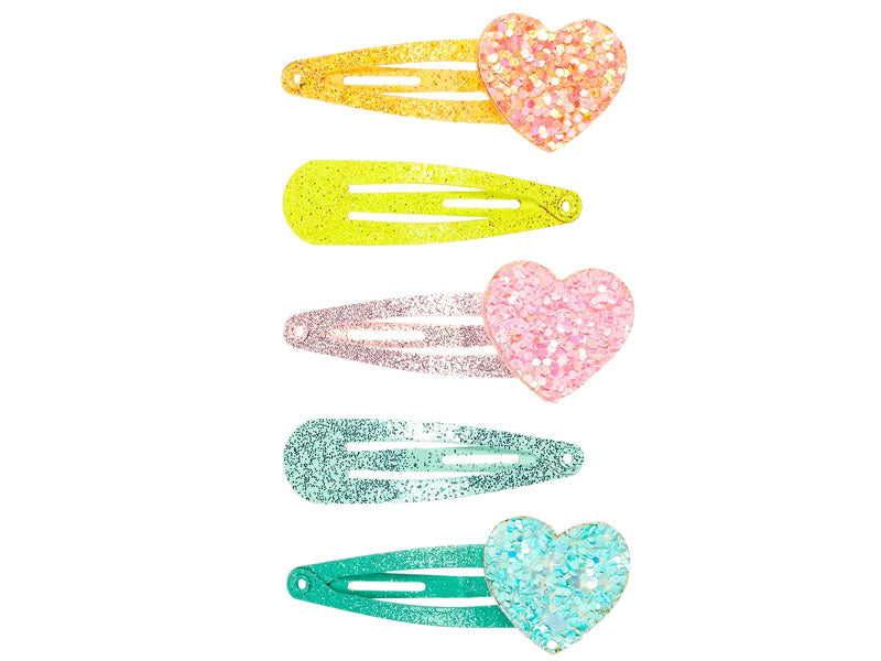 Achat Lot de 5 Barrettes Héloise - Coeur pailleté - Rose, bleu et orange