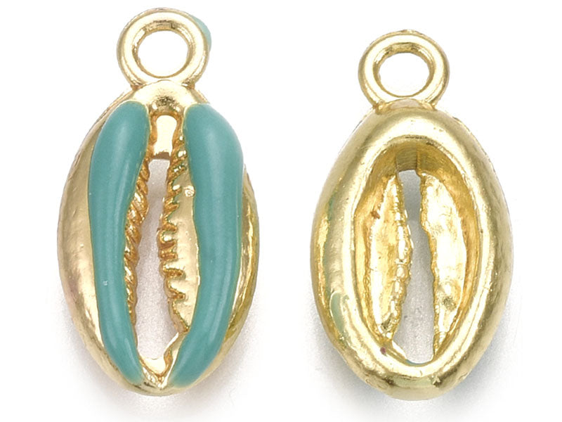 Achat Breloque émaillée et dorée - Coquillage cauri bleu turquoise - 17 x 8,5 mm