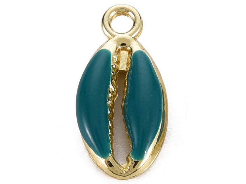 Achat Breloque émaillée et dorée - Coquillage cauri bleu pétrole - 17 x 8,5 mm