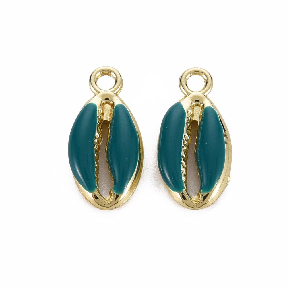 Achat Breloque émaillée et dorée - Coquillage cauri bleu pétrole - 17 x 8,5 mm
