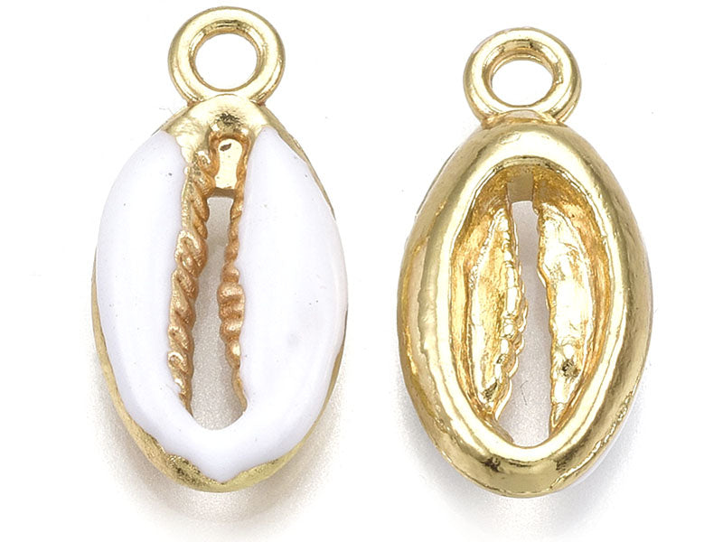 Achat Breloque émaillée et dorée - Coquillage cauri blanc - 17 x 8,5 mm
