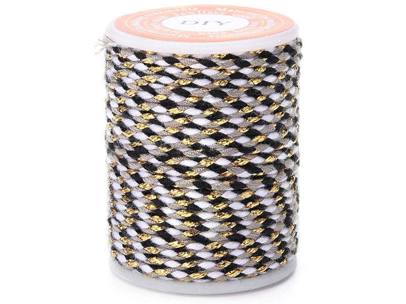 Achat Bobine de 4 m de cordon en coton tressé - Noir, blanc, gris et doré