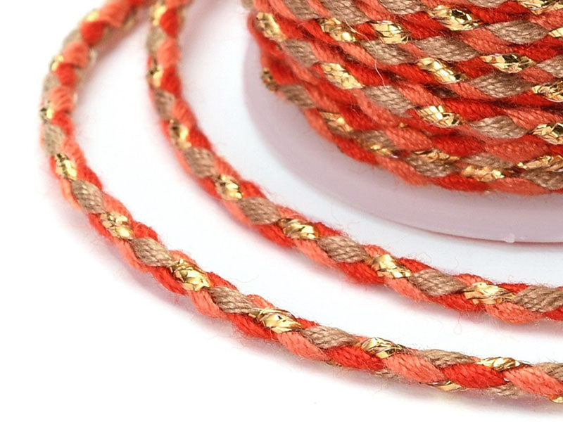 Achat Bobine de 4 m de cordon en coton tressé - Rouge, corail, marron et doré