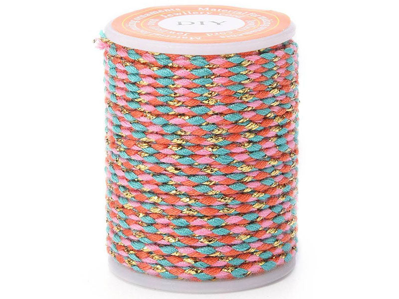Achat Bobine de 4 m de cordon en coton tressé - Orange, rose, bleu et doré