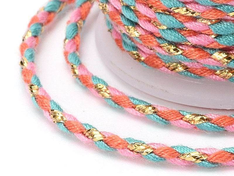 achat Bobine de 4 m de cordon en coton tressé - Orange, rose, bleu et doré