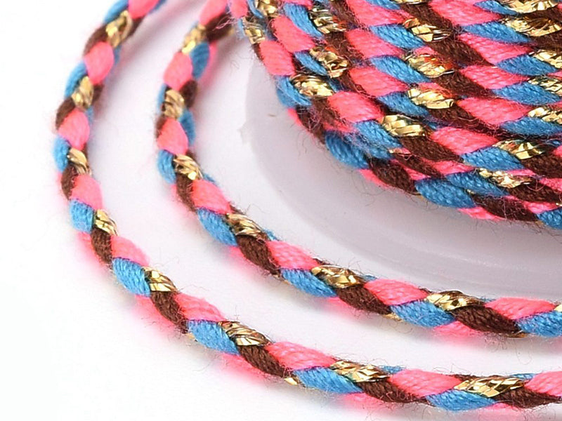 Achat Bobine de 4m de cordon en coton tressé - Marron, rose, bleu et doré