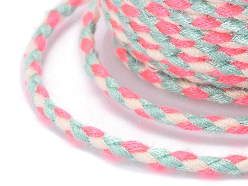 Achat Bobine de 4 m de cordon en coton tressé - Blanc, rose et bleu