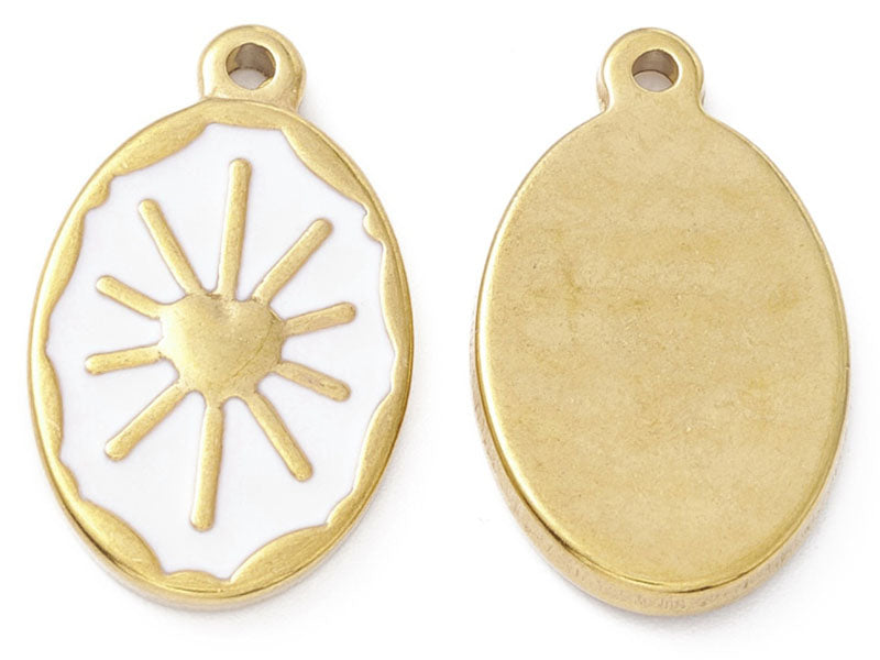 achat Pendentif émaillé en acier inoxydable doré - Soleil blanc- 23 x 14 mm