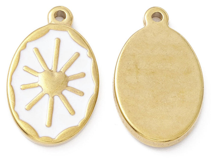 Achat Pendentif émaillé en acier inoxydable doré - Soleil blanc- 23 x 14 mm