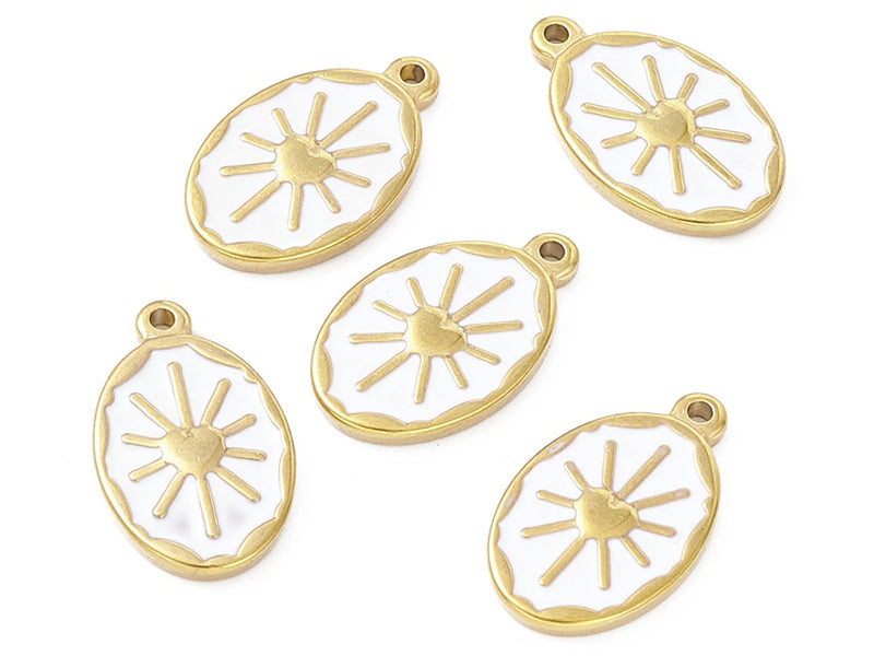 achat Pendentif émaillé en acier inoxydable doré - Soleil blanc- 23 x 14 mm