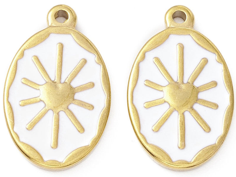 achat Pendentif émaillé en acier inoxydable doré - Soleil blanc- 23 x 14 mm