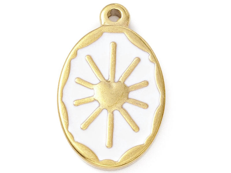Achat Pendentif émaillé en acier inoxydable doré - Soleil blanc- 23 x 14 mm
