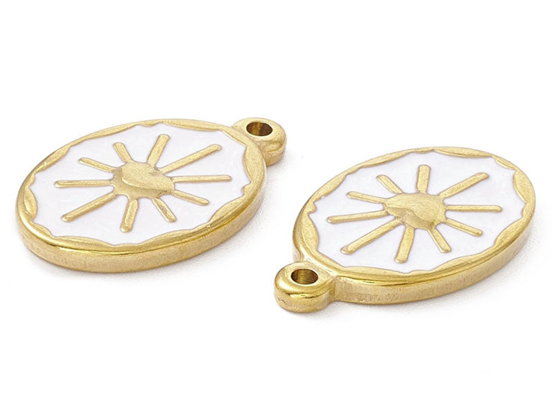 achat Pendentif émaillé en acier inoxydable doré - Soleil blanc- 23 x 14 mm