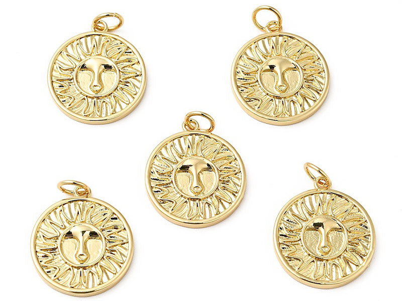 Pendentif rond doré à l'or fin 18K - Soleil ethnique - 18 x 16 mm