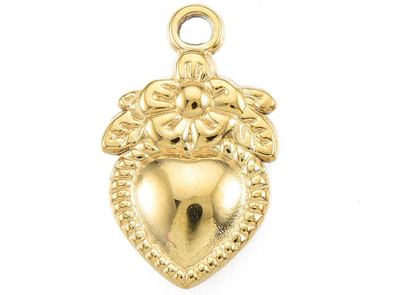 Achat Pendentif cœur et fleur doré à l'or fin 18K Ex voto - 21 x 13 mm