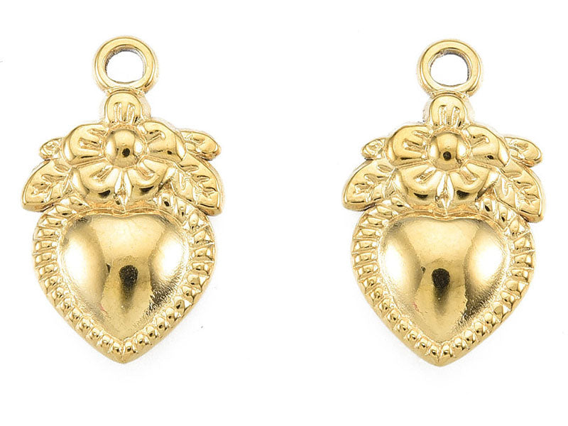 Achat Pendentif cœur et fleur doré à l'or fin 18K Ex voto - 21 x 13 mm
