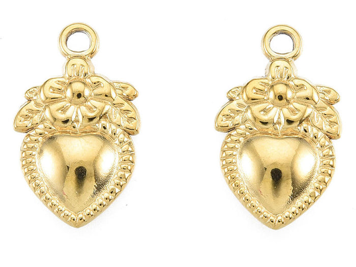 Achat Pendentif cœur et fleur doré à l'or fin 18K Ex voto - 21 x 13 mm