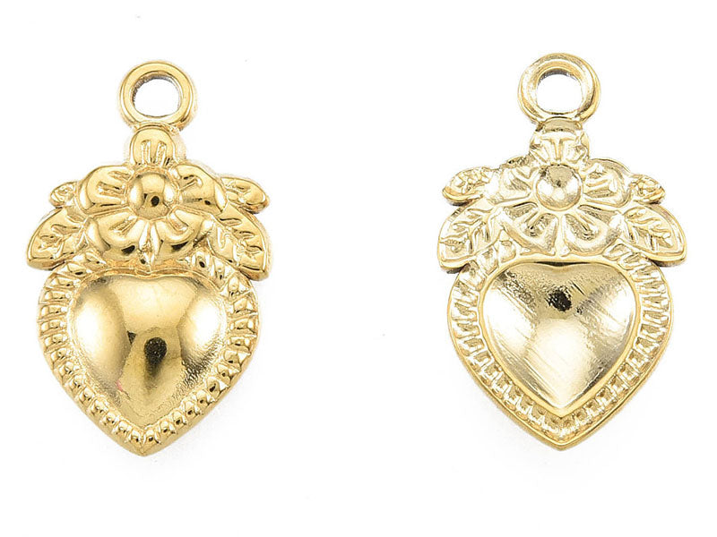 achat Pendentif cœur et fleur doré à l'or fin 18K Ex voto - 21 x 13 mm