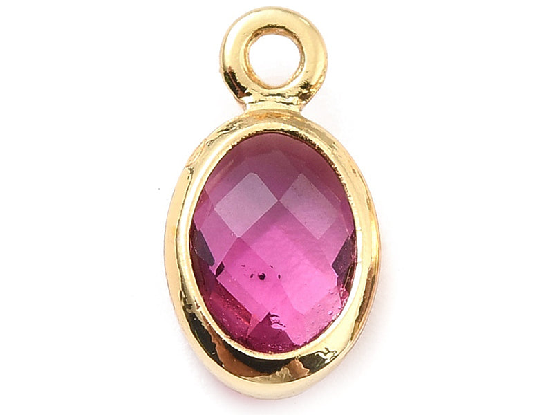 Achat Pendentif ovale serti en verre à facettes - doré à l'or fin 18K - 9 mm - Rose fuchsia