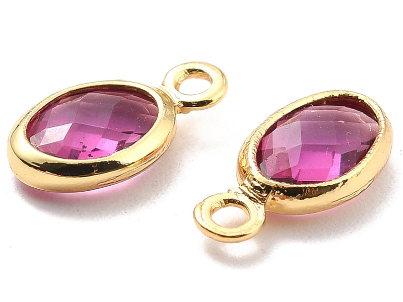 Achat Pendentif ovale serti en verre à facettes - doré à l'or fin 18K - 9 mm - Rose fuchsia