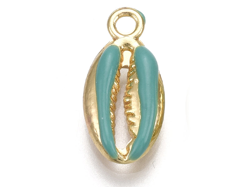 Achat Breloque émaillée et dorée - Coquillage cauri bleu turquoise - 17 x 8,5 mm