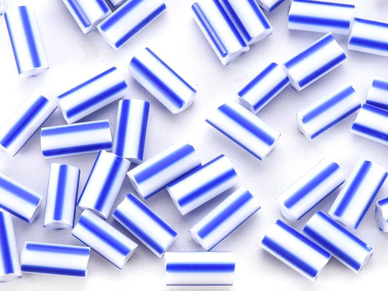 Achat Perles tubes bugles - Rayures bleues - 8 mm - 10 g