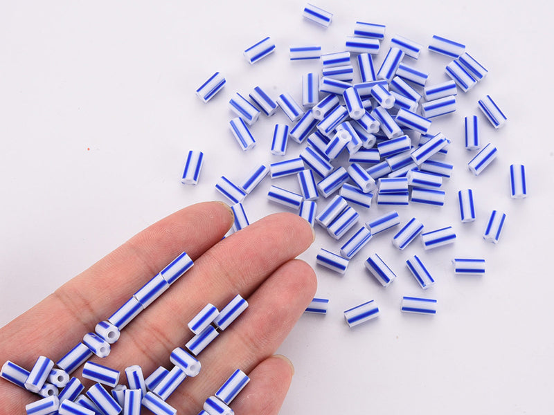 Achat Perles tubes bugles - Rayures bleues - 8 mm - 10 g