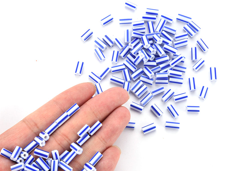 achat Perles tubes bugles - Rayures bleues - 8 mm - 10 g