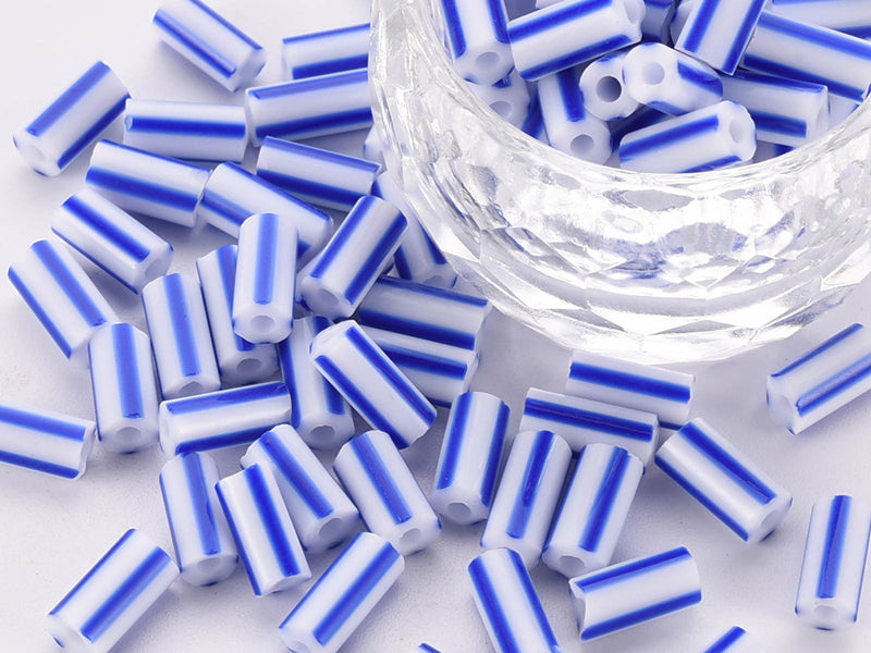 achat Perles tubes bugles - Rayures bleues - 8 mm - 10 g