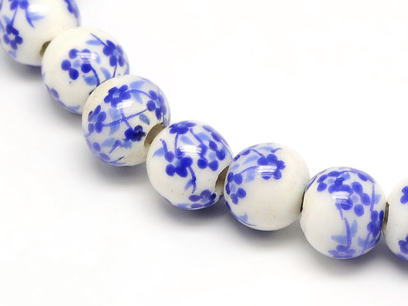Achat Lot de 10 perles en porcelaine - Fleurs bleues - 6 mm