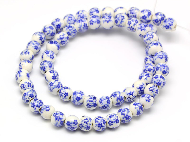 Achat Lot de 10 perles en porcelaine - Fleurs bleues - 6 mm